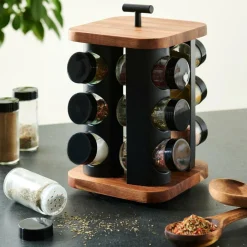 Pots À Épices^CASA ACACIA LUX Carrousel à épices 12 Pots Pivotant 360° Noir, Naturel